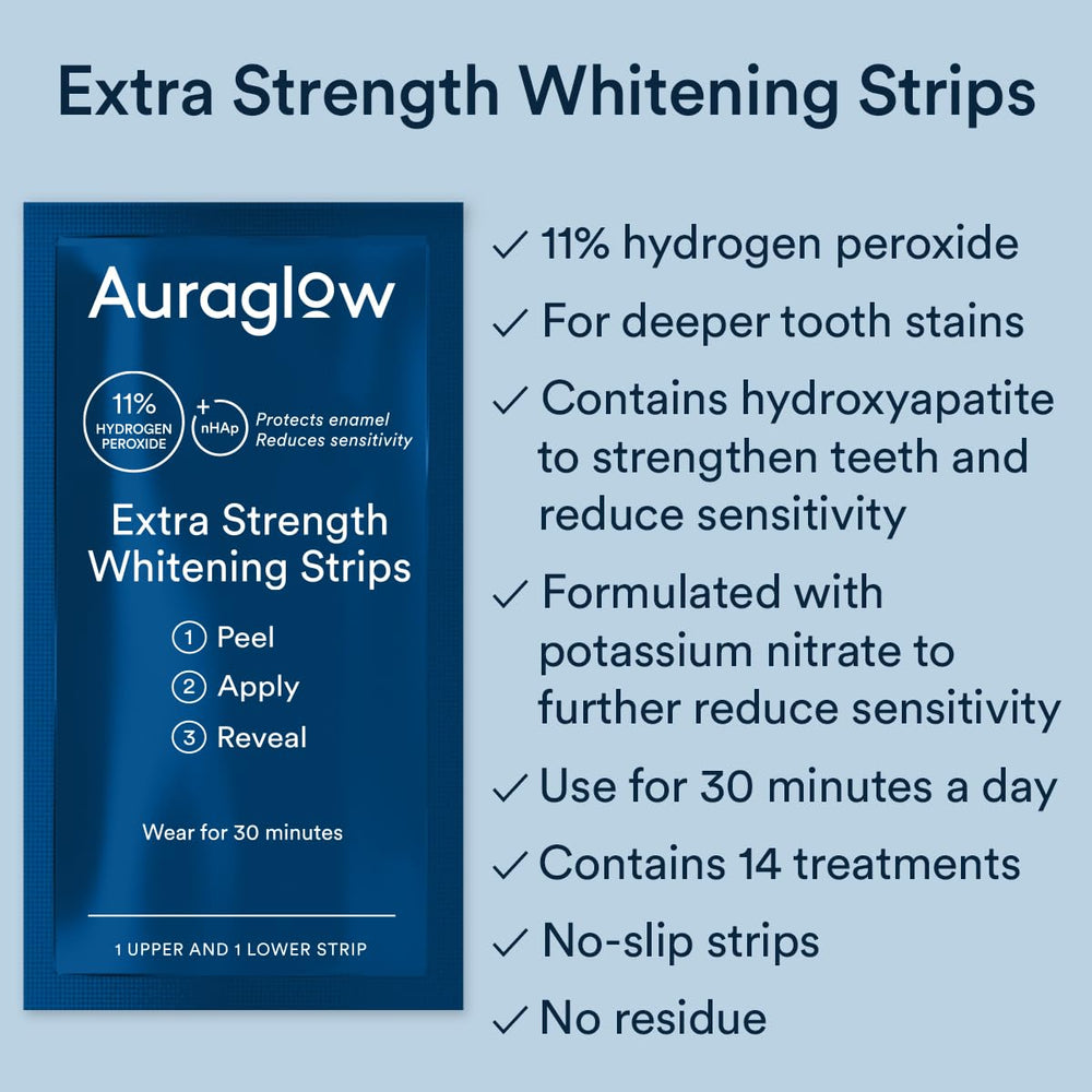 Auraglow lower-arch strip rectangular shape ensures even coverage on lower teeth