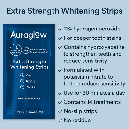 Auraglow lower-arch strip rectangular shape ensures even coverage on lower teeth