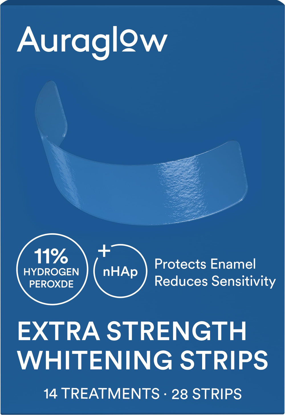 Auraglow extra-strength strips upper-arch coverage for uniform whitening across the smile