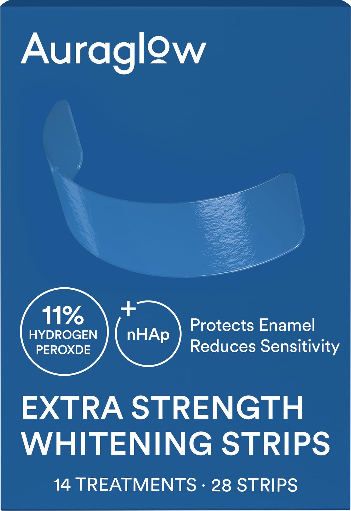 Auraglow extra-strength strips upper-arch coverage for uniform whitening across the smile