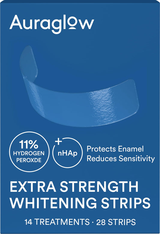 Auraglow extra-strength strips upper-arch coverage for uniform whitening across the smile