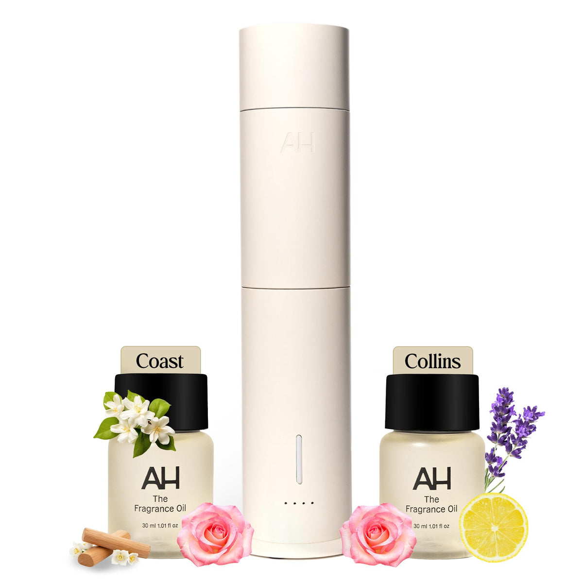 Aura House smart diffuser front view with sleek aluminum body for modern interiors.