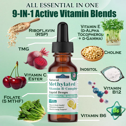AuraraNeNourish activated B vitamins liquid drops for fast absorption.