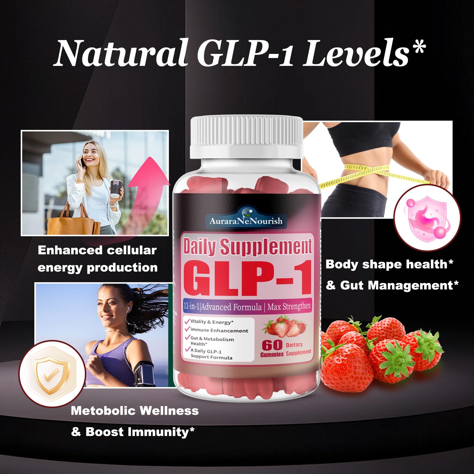 AuraraNeNourish GLP-1 gummies closeup showing strawberry flavor