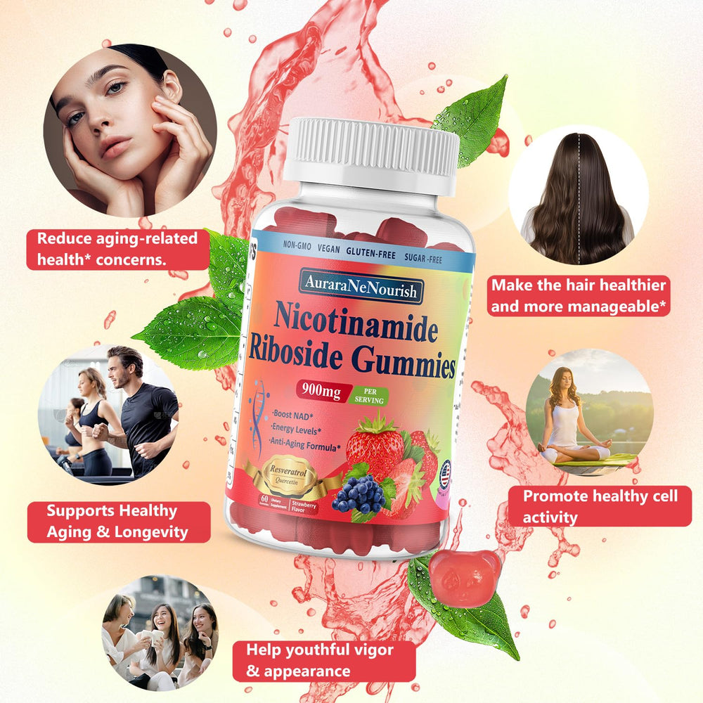 AuraraNeNourish NAD gummies closeup strawberry flavor for on-the-go nutrition
