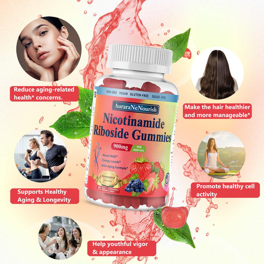 AuraraNeNourish NAD gummies closeup strawberry flavor for on-the-go nutrition