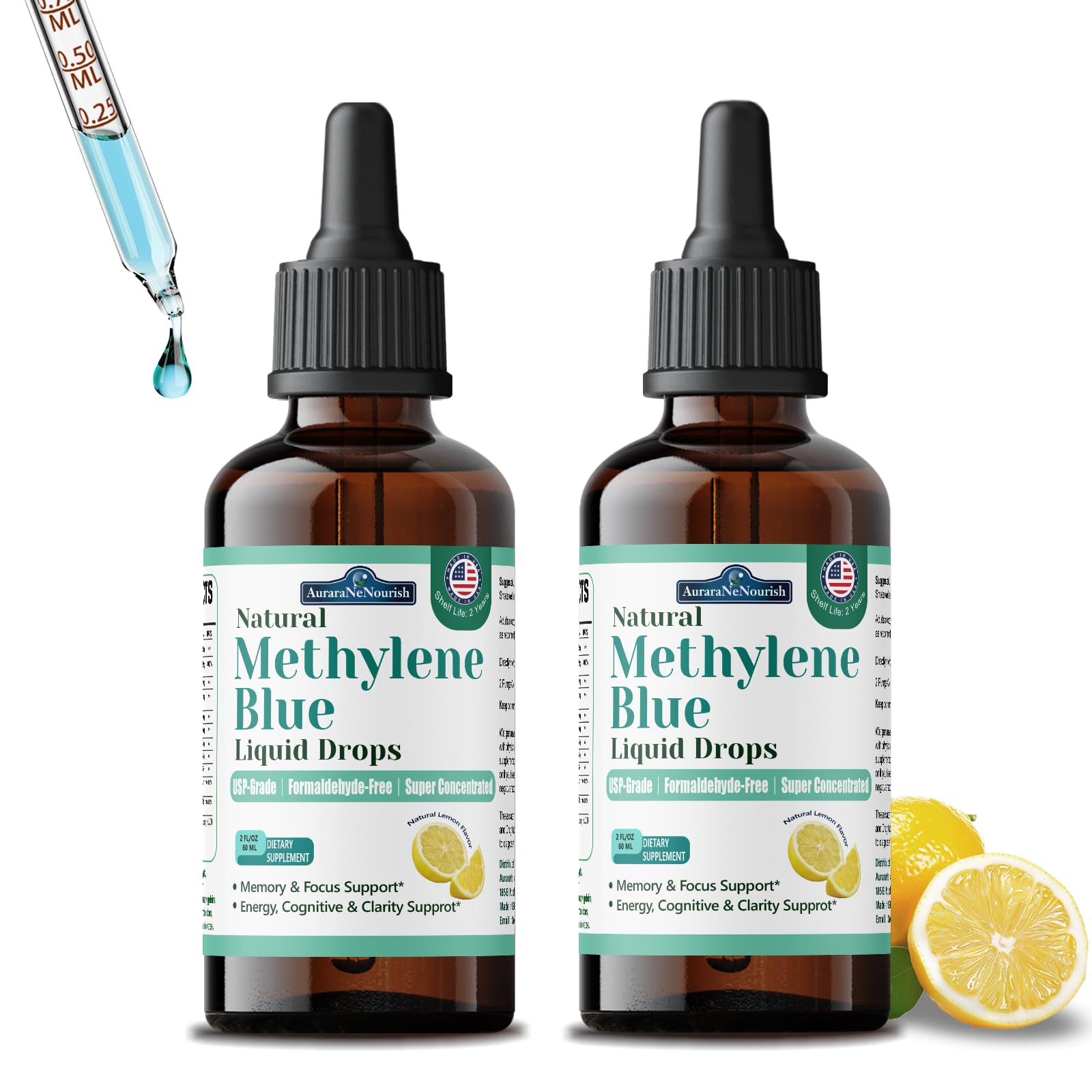 AuraraNeNourish 2-pack methylene blue drops bottle, showcasing pharmaceutical grade formula for cognitive support.