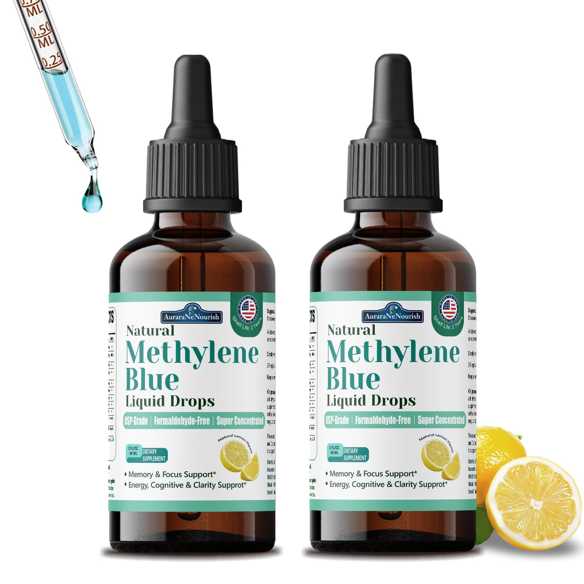 AuraraNeNourish 2-pack methylene blue drops bottle, showcasing pharmaceutical grade formula for cognitive support.
