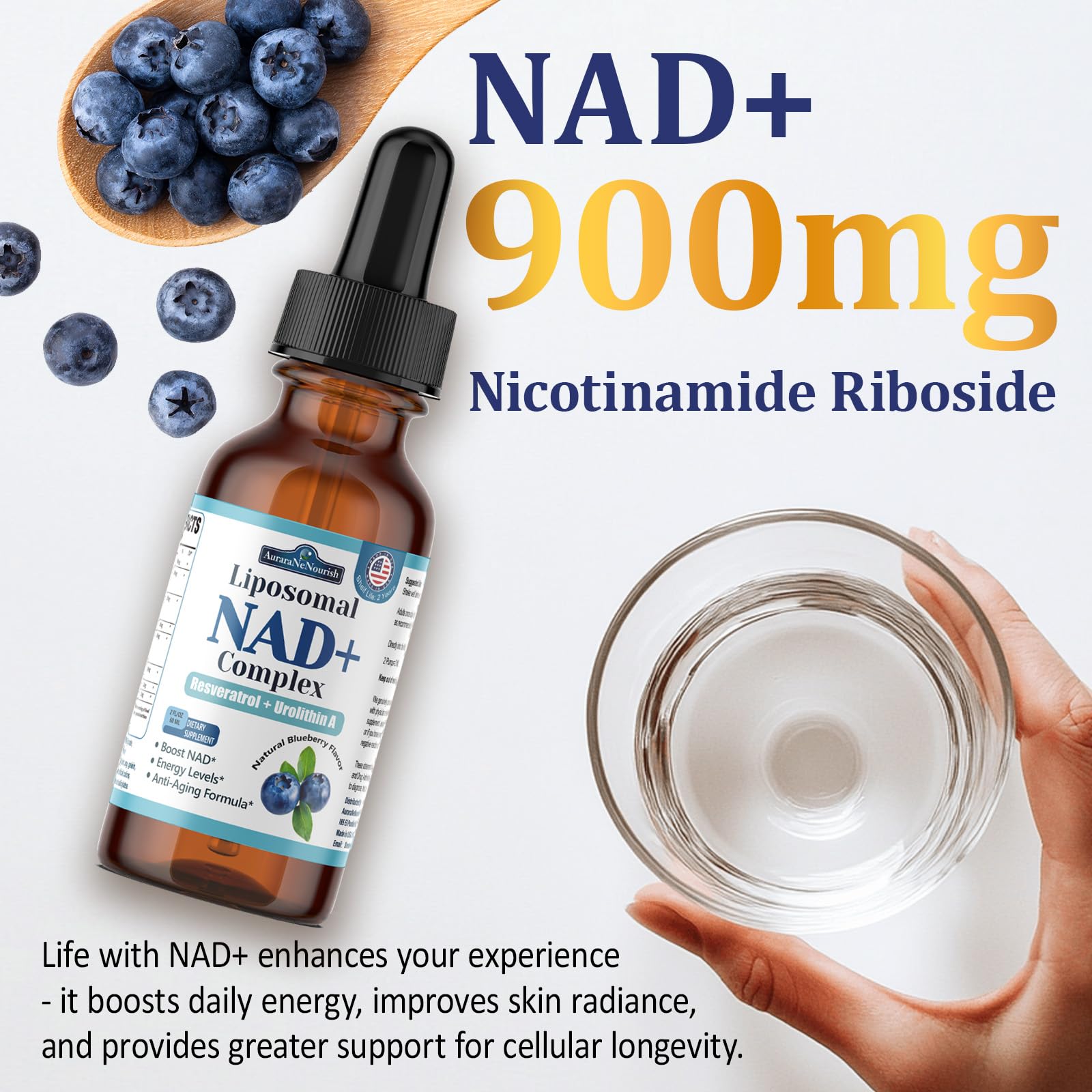AuraraNeNourish 8-in-1 NAD+ formula packaging highlighting key ingredients