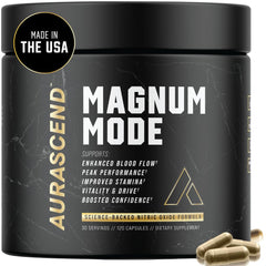 Aurascend Magnum Mode bottle label showing nitric oxide formula for workout performance