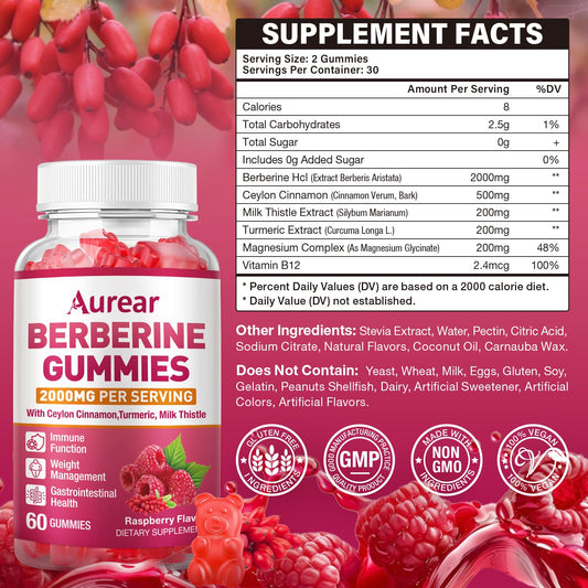 Close-up of Aurear Berberine Gummies showing raspberry flavor and chewy texture