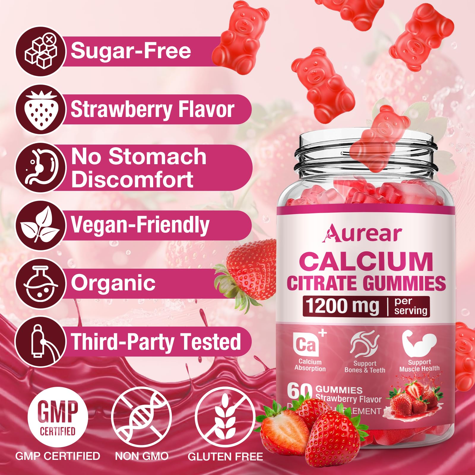 Aurear Calcium Citrate Gummies being chewed for easy daily intake.