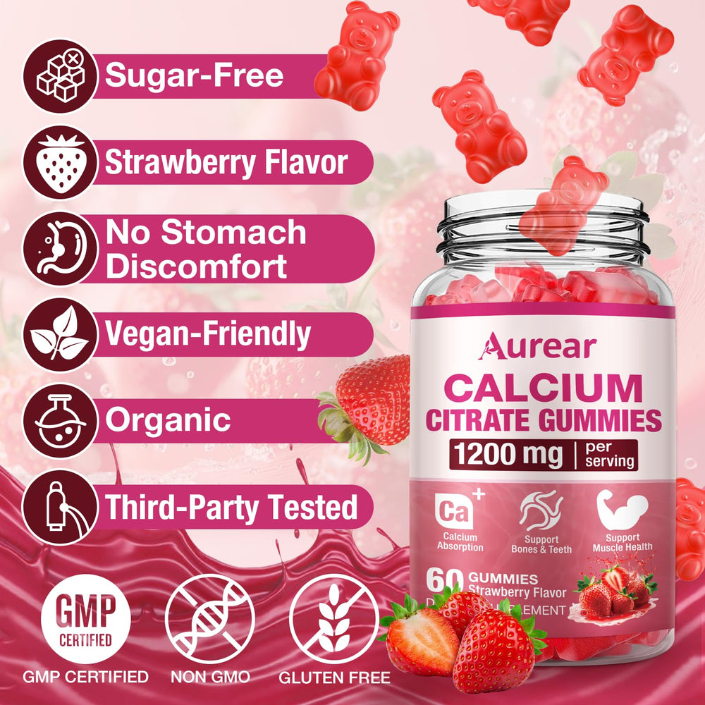 Aurear Calcium Citrate Gummies being chewed for easy daily intake.