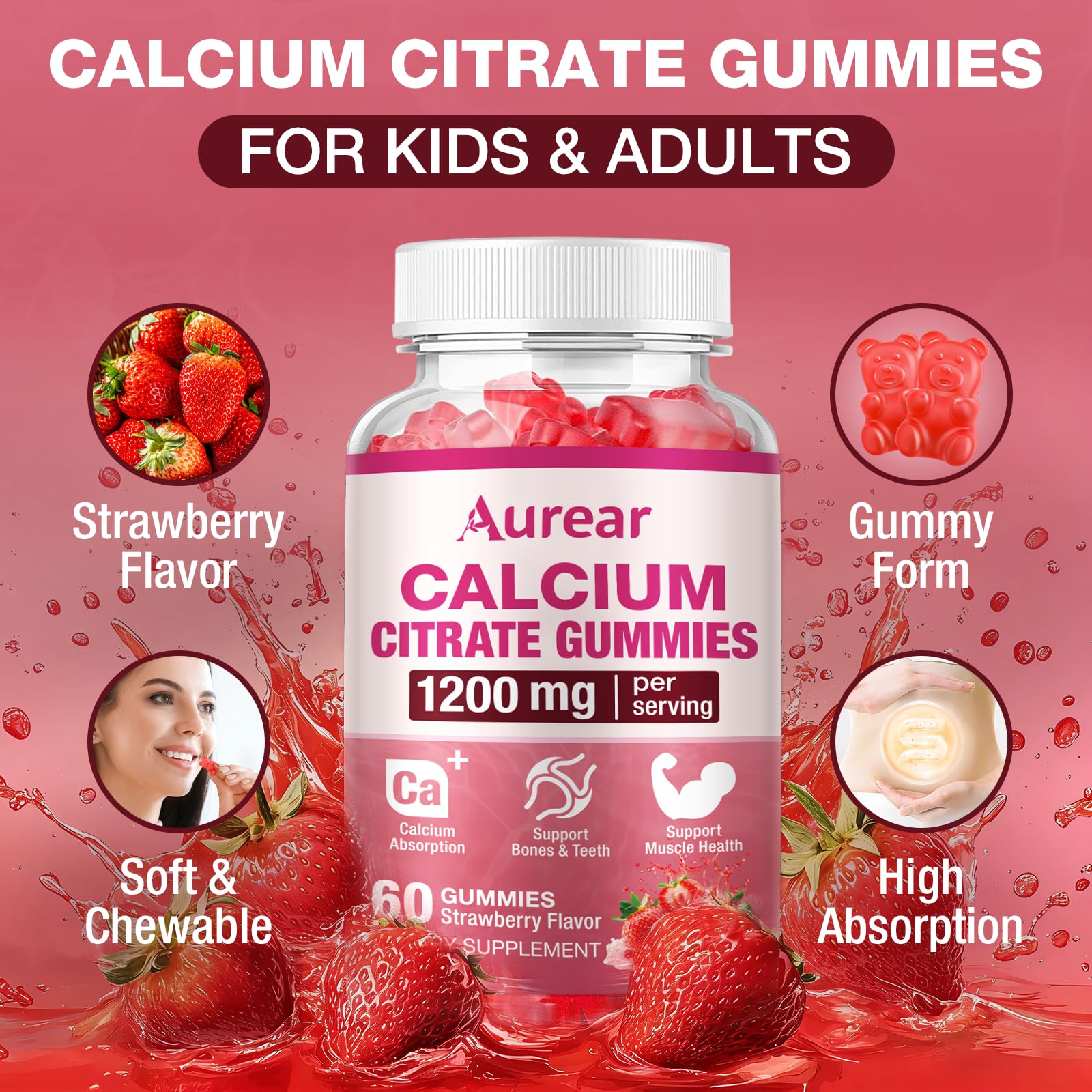 Aurear Calcium Citrate Gummies nutrition label close-up shows gluten-free formula.