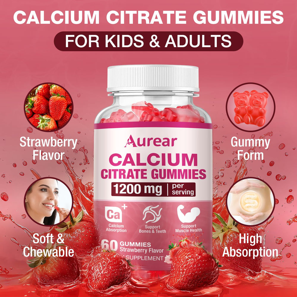Aurear Calcium Citrate Gummies nutrition label close-up shows gluten-free formula.