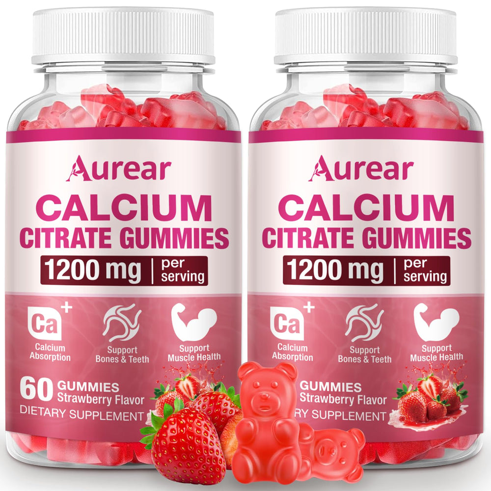 Aurear Calcium Citrate Gummies strawberry bottle offers convenient daily calcium support.