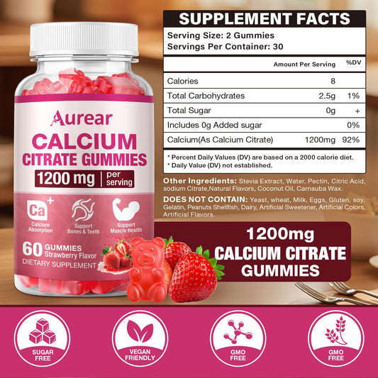 Aurear Calcium Citrate Gummies strawberry close-up highlights chewy texture.