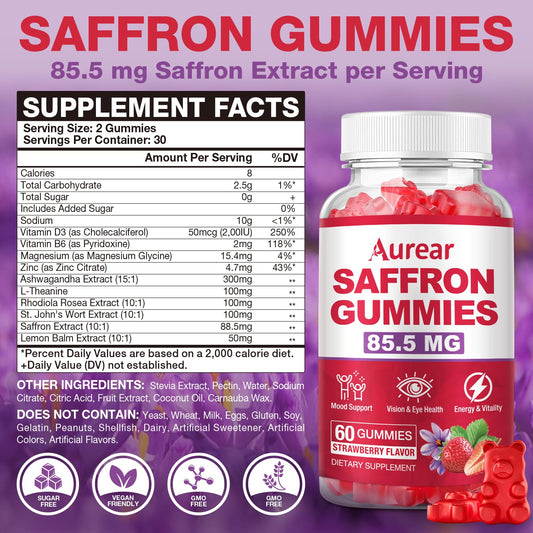 Aurear Saffron Gummies bear shaped gummies with strawberry flavor for easy daily use
