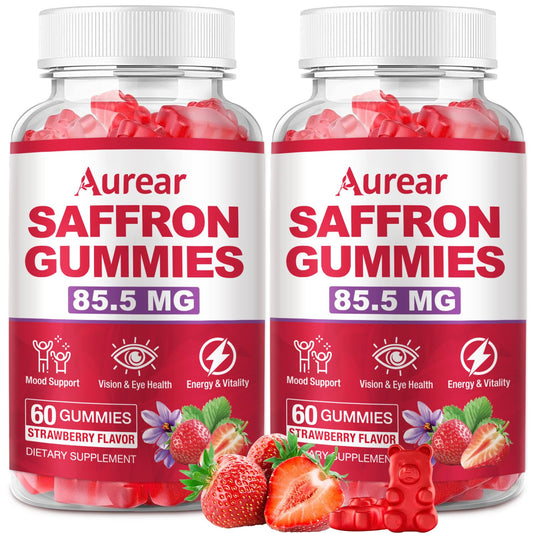 Aurear Saffron Gummies bottle front for daily mood and sleep support