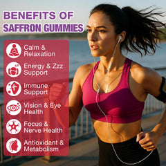 Ingredients panel shows saffron Rhodiola magnesium zinc in Aurear Gummies
