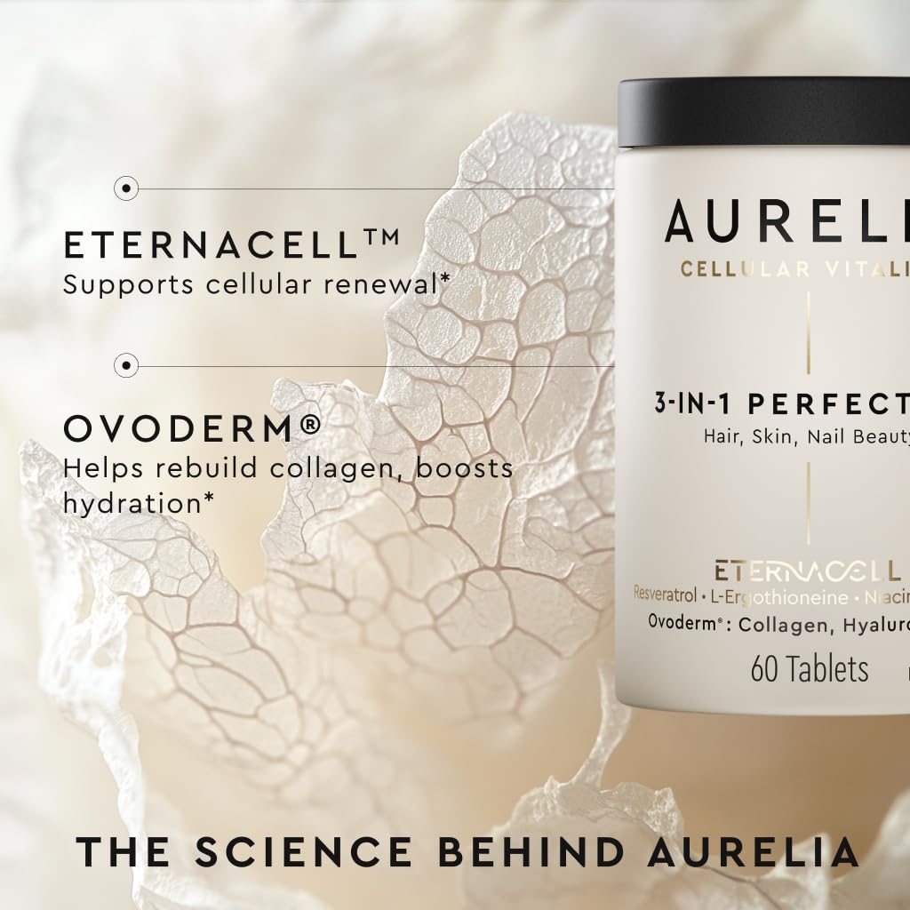 AURELIA 3-in-1 Perfection pills inside bottle for a simple daily skin and hair routine