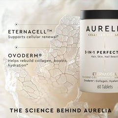 AURELIA 3-in-1 Perfection pills inside bottle for a simple daily skin and hair routine