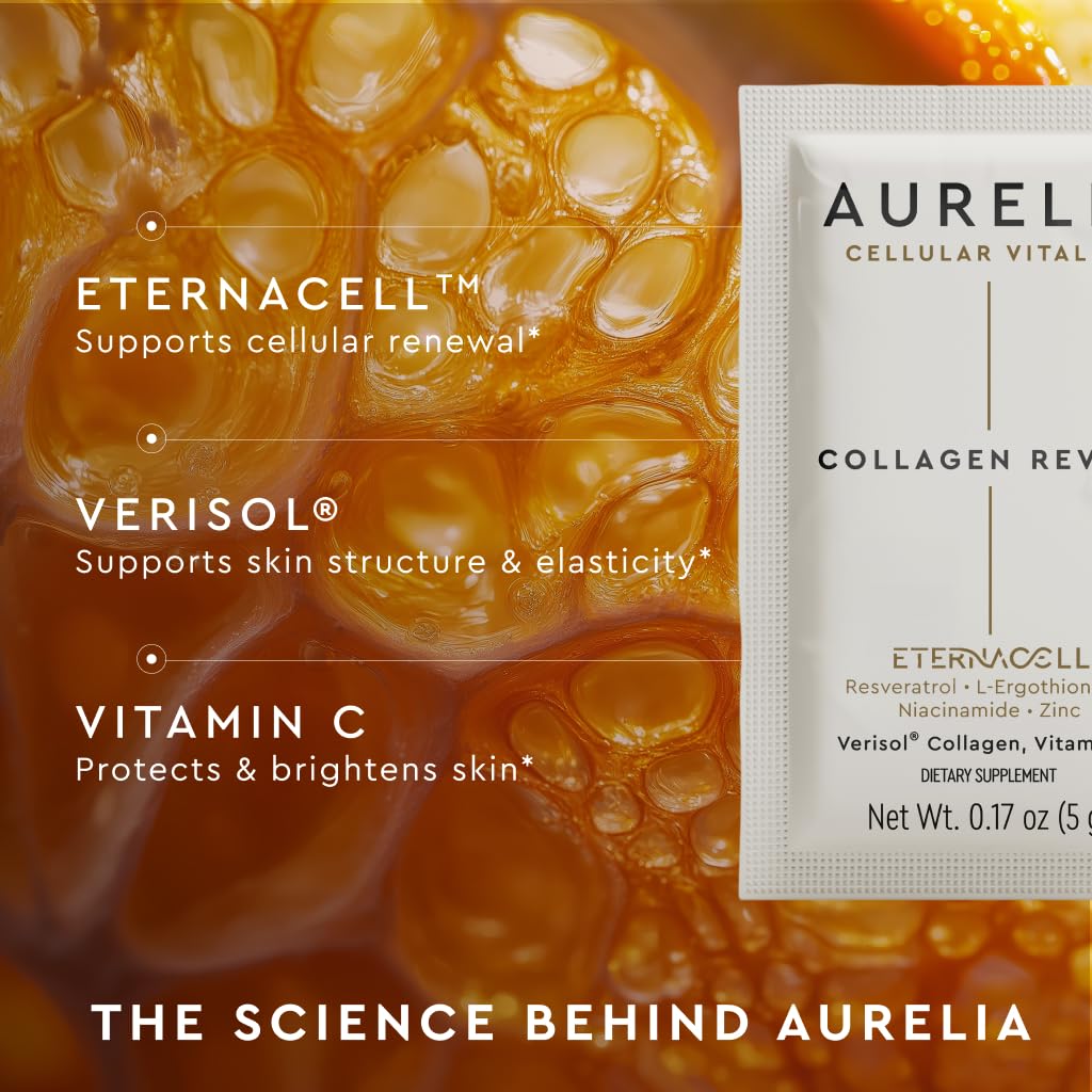 AURELIA Collagen Revive label detail highlights zinc and vitamin C ingredients.