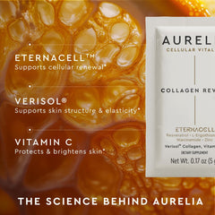 AURELIA Collagen Revive label detail highlights zinc and vitamin C ingredients.