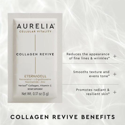 AURELIA Collagen Revive powder being poured for smoother texture.