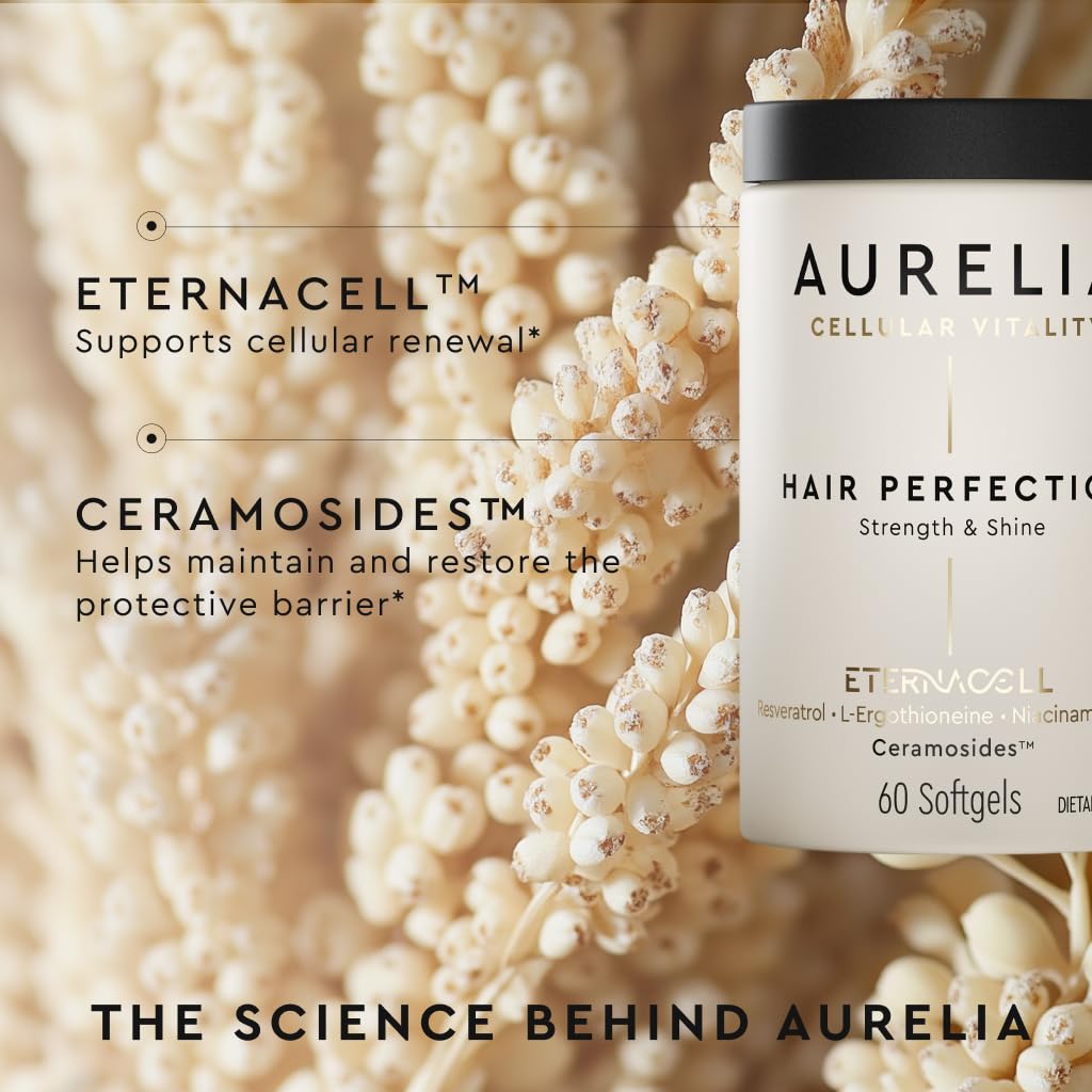 AURELIA Hair Perfection bottle on wood surface, premium wellness vibe.