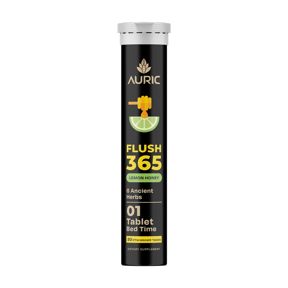 Auric Flush365 front bottle presents honey lemon fizz for refreshing hydration.