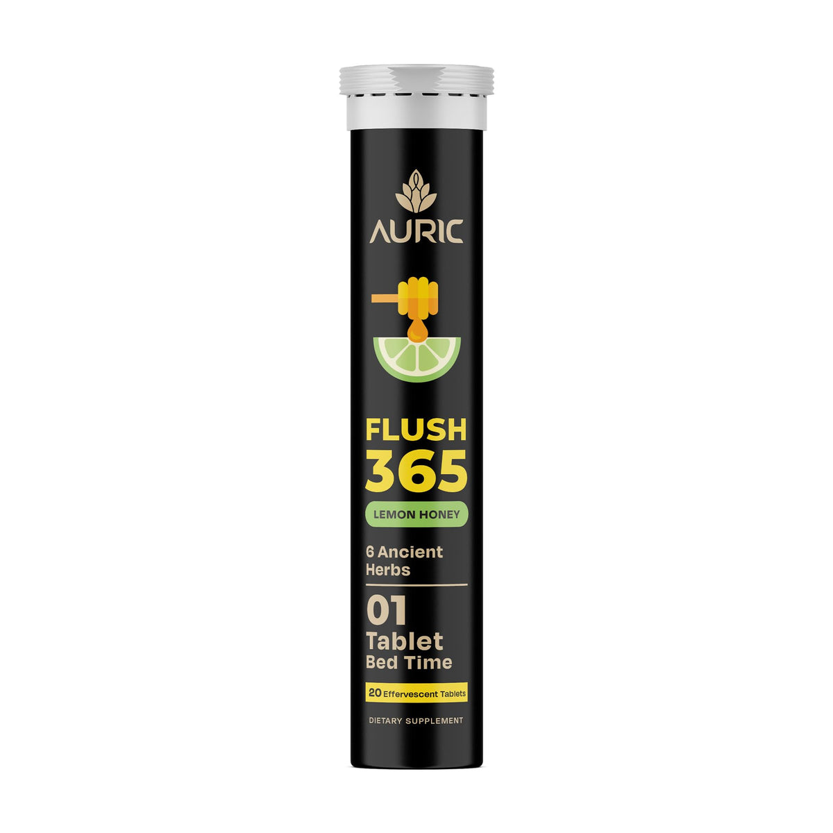 Auric Flush365 front bottle presents honey lemon fizz for refreshing hydration.