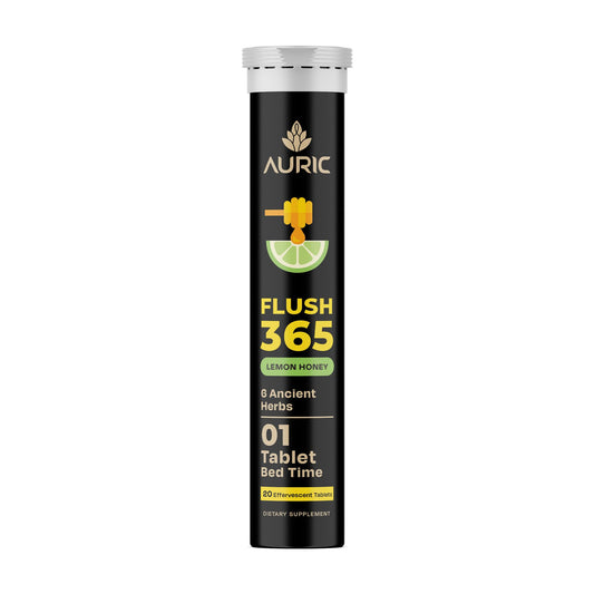 Auric Flush365 front bottle presents honey lemon fizz for refreshing hydration.