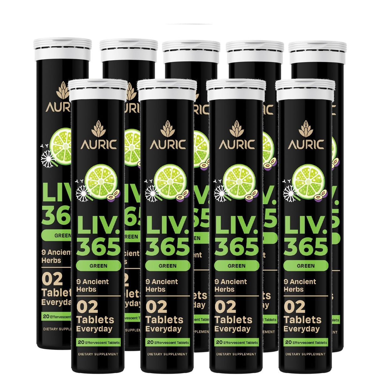 Auric Liv 365 lemon bottle with capsules, promoting easy daily liver support.
