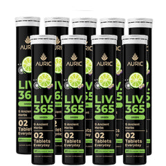 Auric Liv 365 lemon bottle with capsules, promoting easy daily liver support.