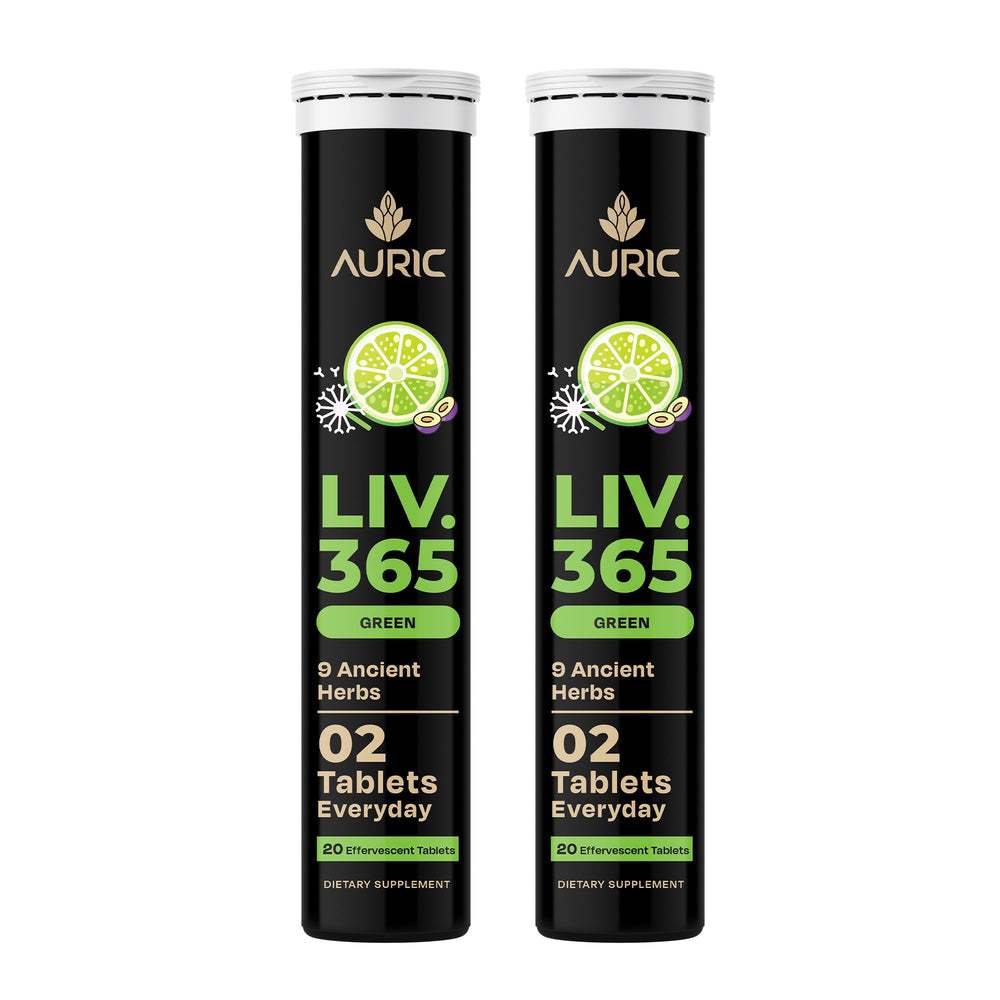 Auric Liv365 bottle label emphasizes detox support for liver health.