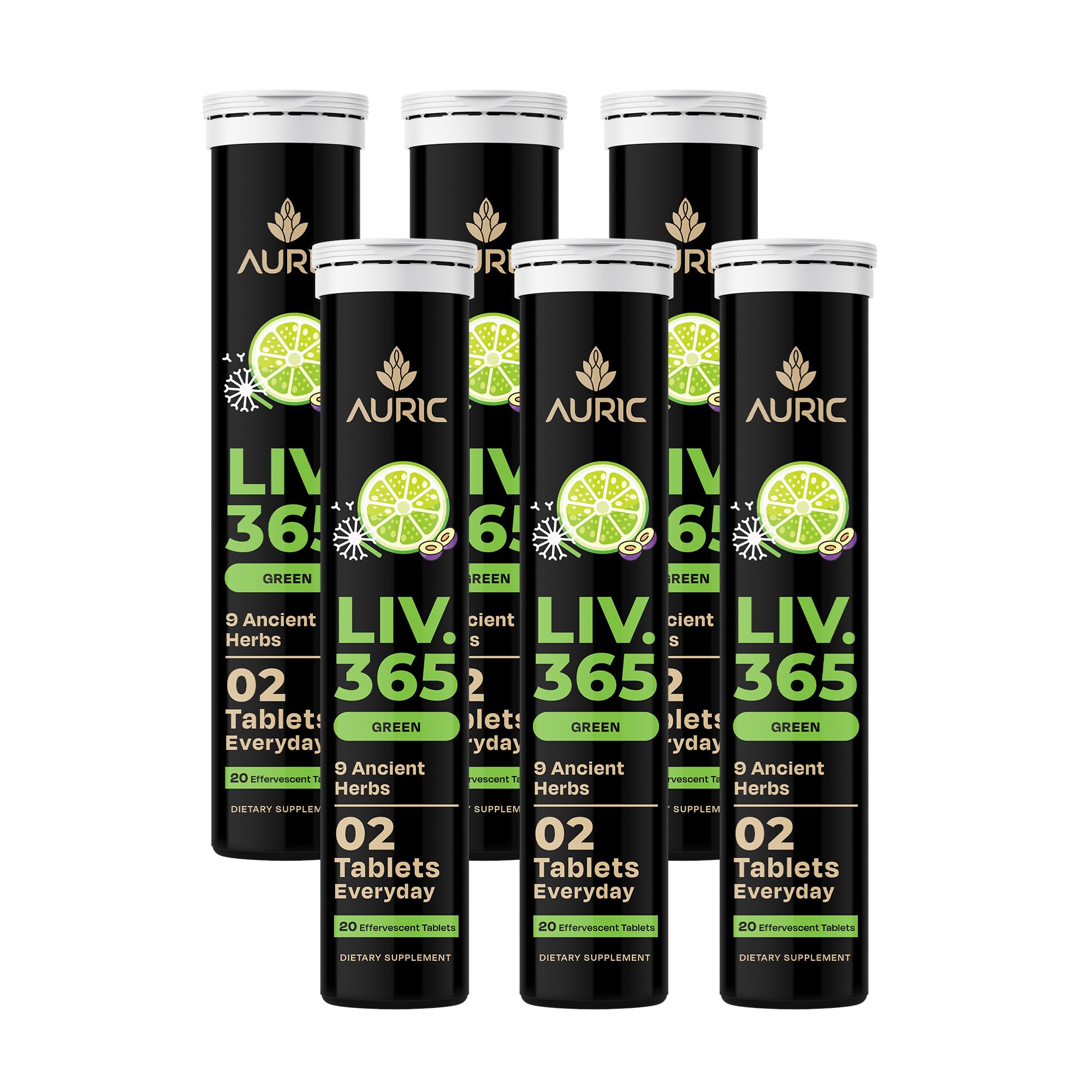 Auric Liv365 lemon-flavor tablets close-up for daily detox support.