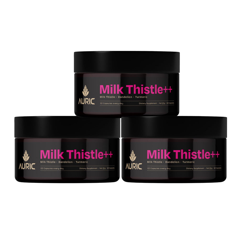 Auric Milk Thistle ++ bottle front view highlighting daily wellness support.