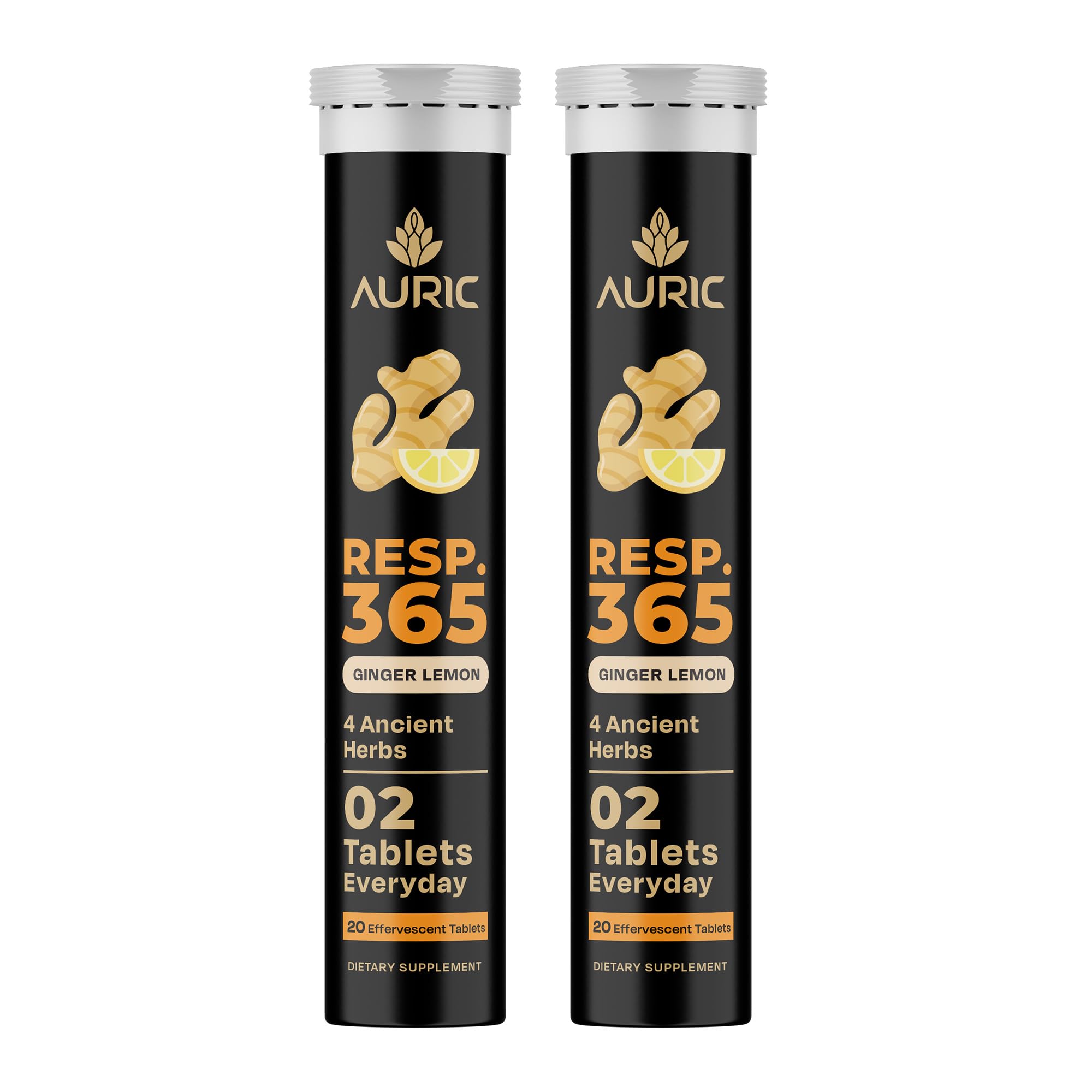 Auric Resp 365 bottle front view highlighting natural lung support blend.