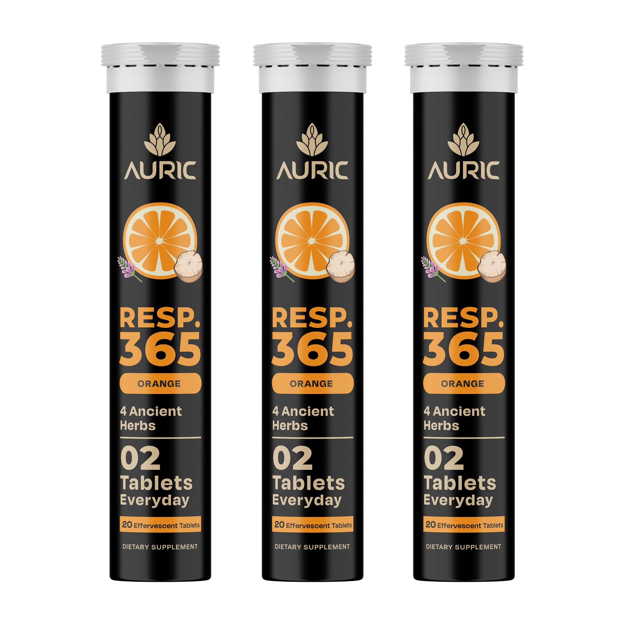 Auric Resp 365 bottle on table for daily respiratory wellness routine.