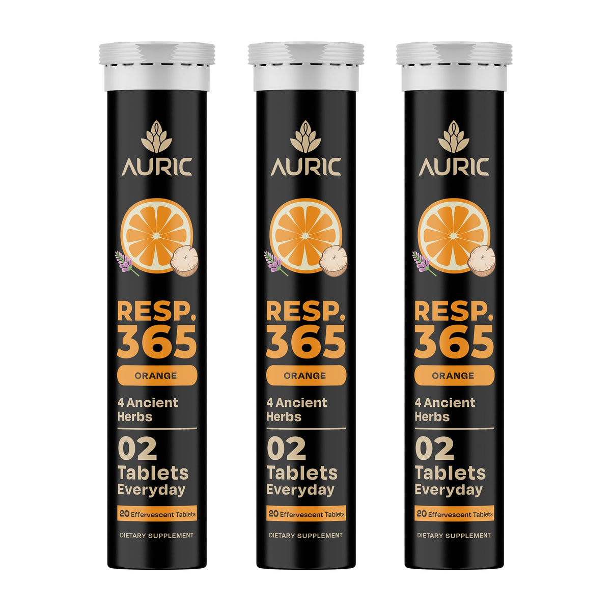Auric Resp 365 bottle on table for daily respiratory wellness routine.