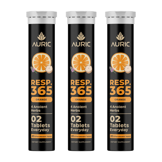 Auric Resp 365 bottle on table for daily respiratory wellness routine.