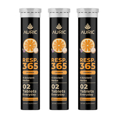 Auric Resp 365 bottle on table for daily respiratory wellness routine.