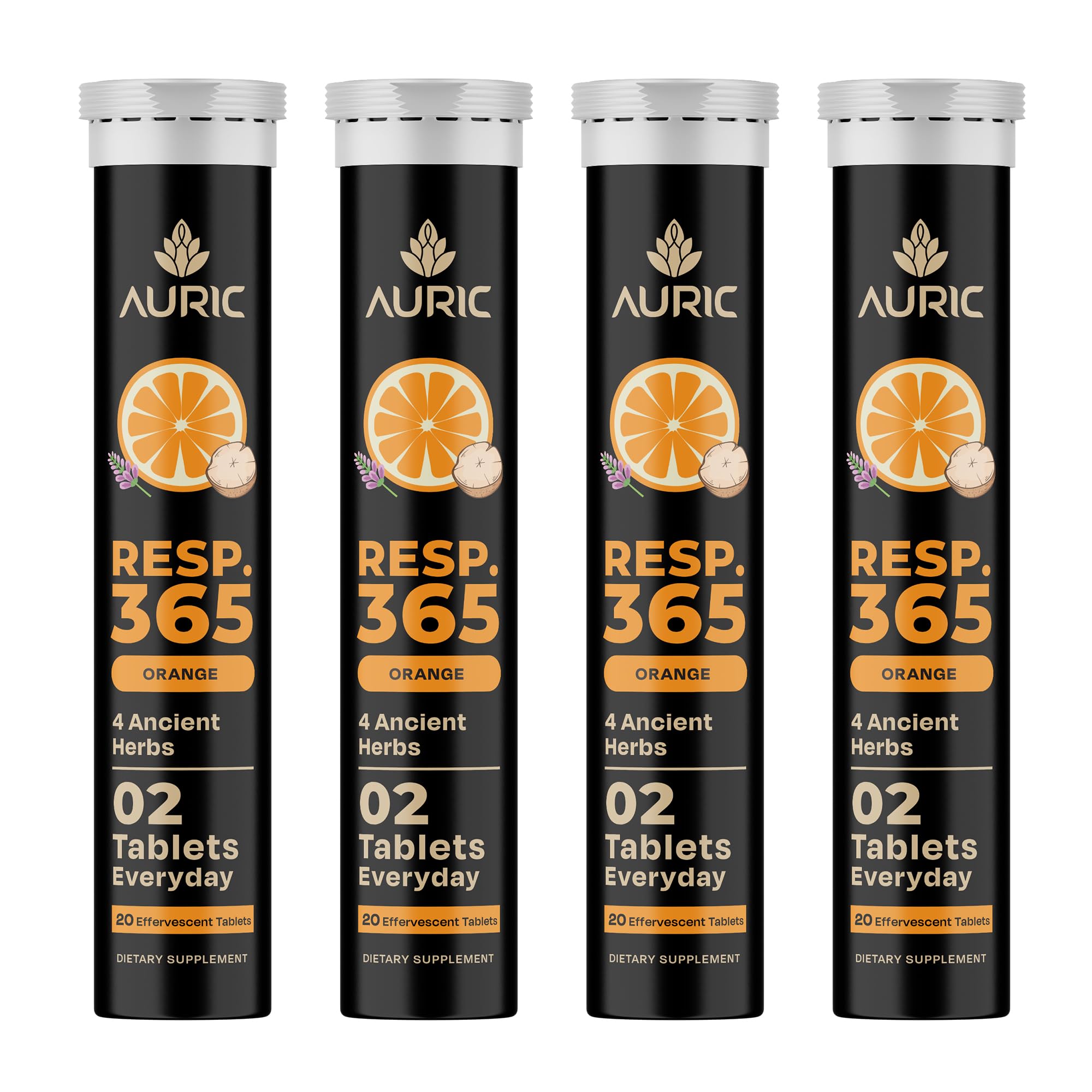 Auric Resp 365 bottle packaging for daily respiratory wellness.