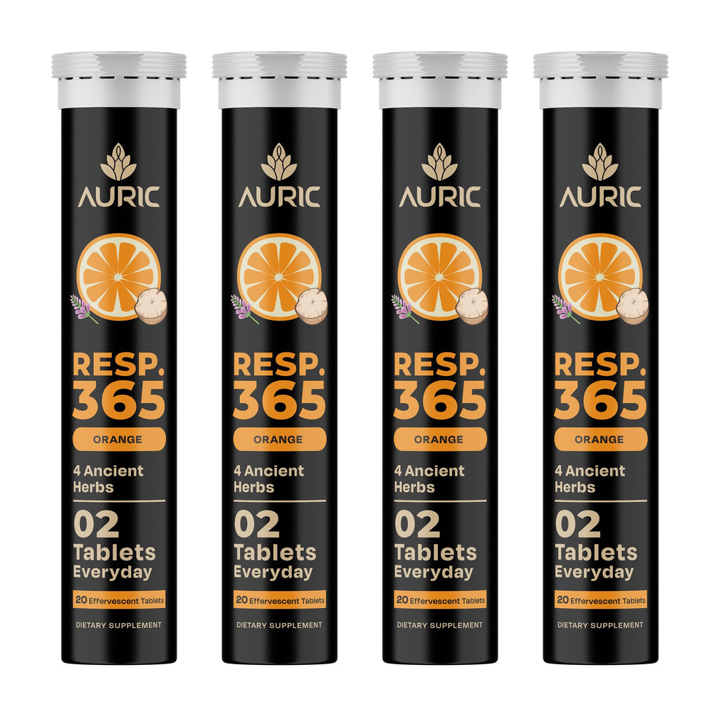 Auric Resp 365 bottle packaging for daily respiratory wellness.