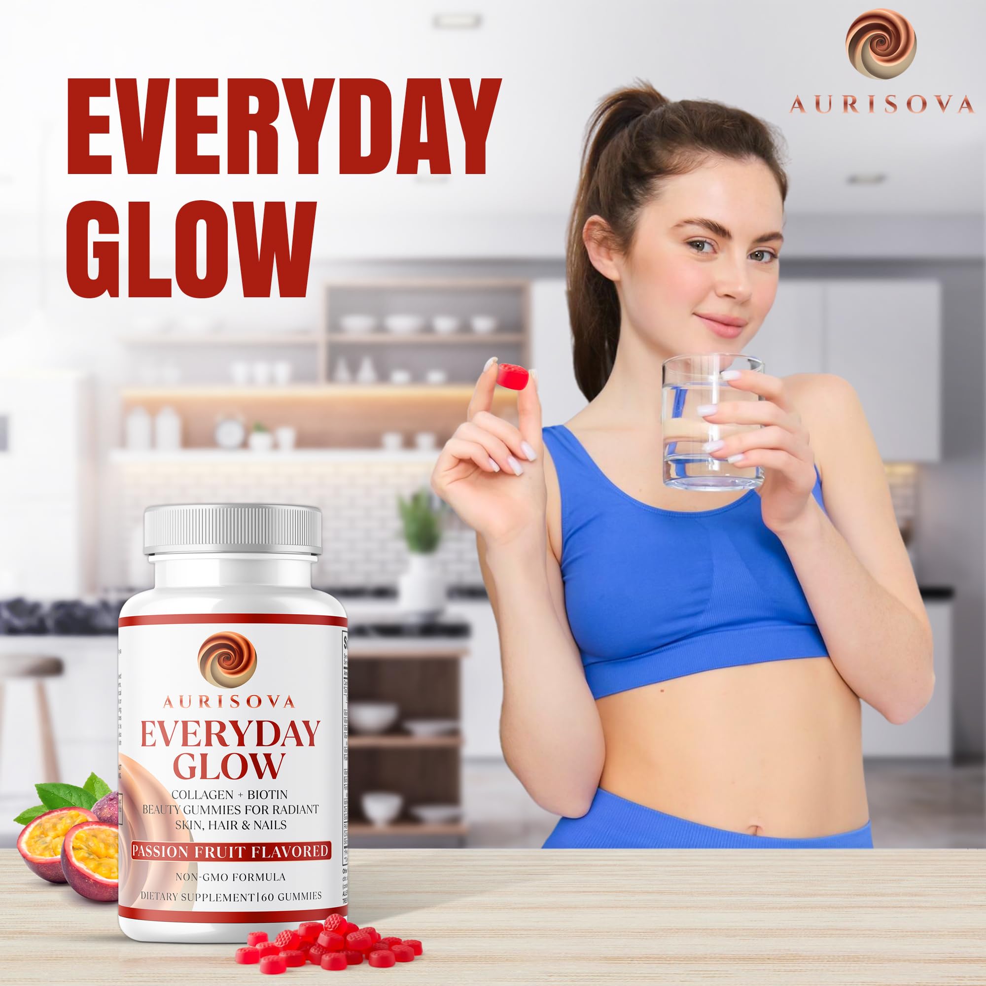 Aurisova Everyday Glow gummies closeup with chewy texture and daily intake benefit