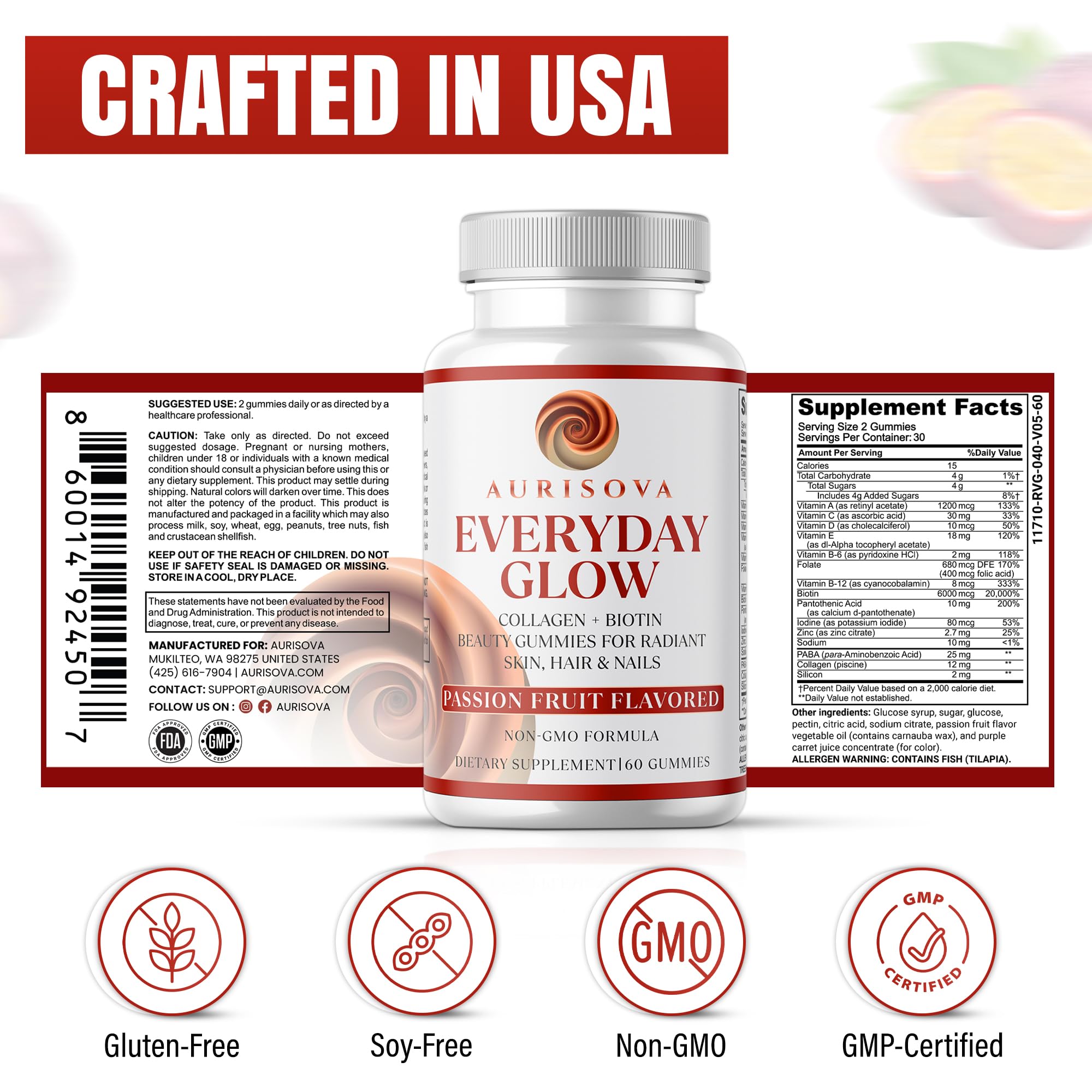 Aurisova Everyday Glow usa facility stamp conveys trusted manufacturing standards