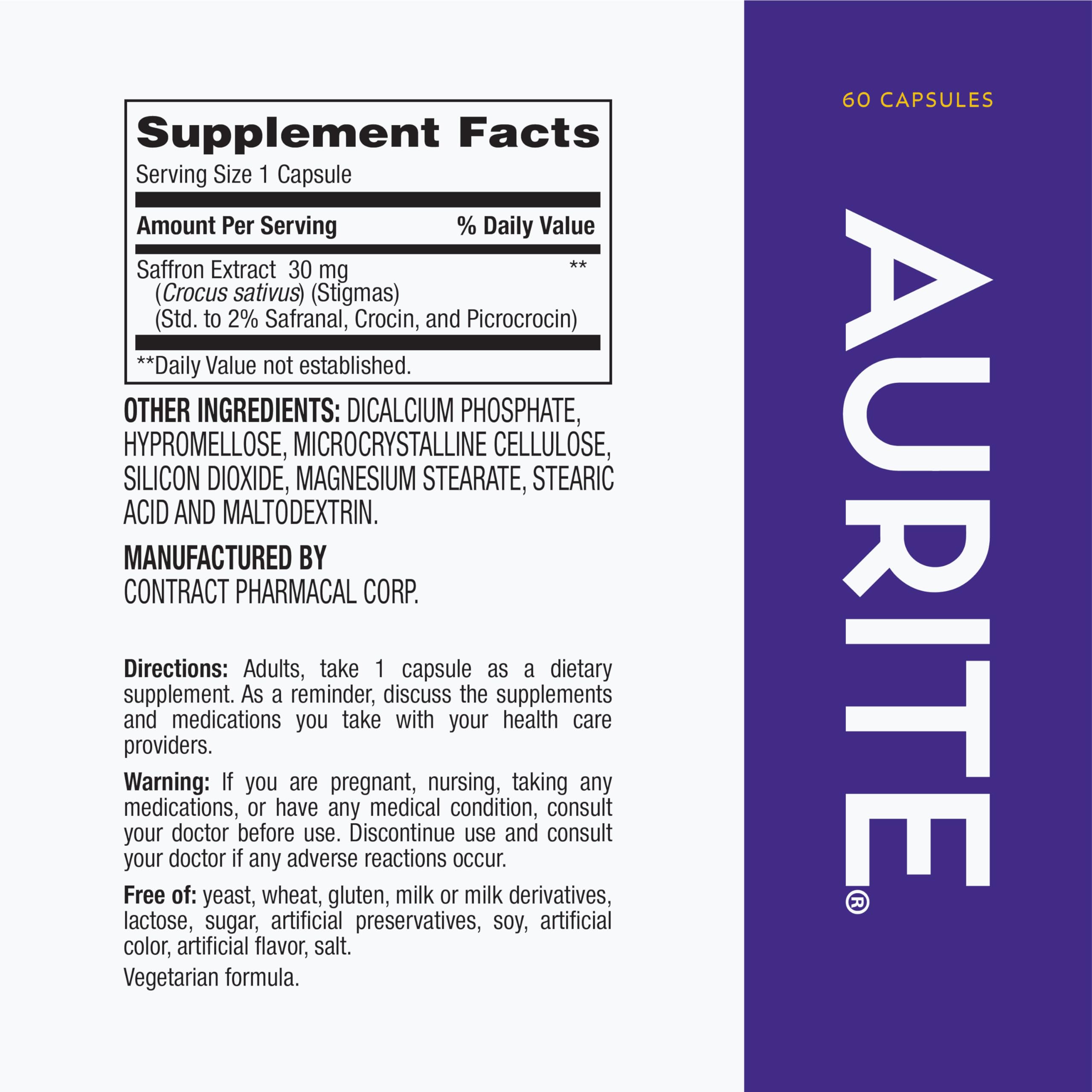 Aurite saffron capsules close-up highlighting convenient daily wellness support.