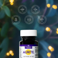 Aurite saffron capsules in hand illustrate simple, convenient supplementing for mood balance.