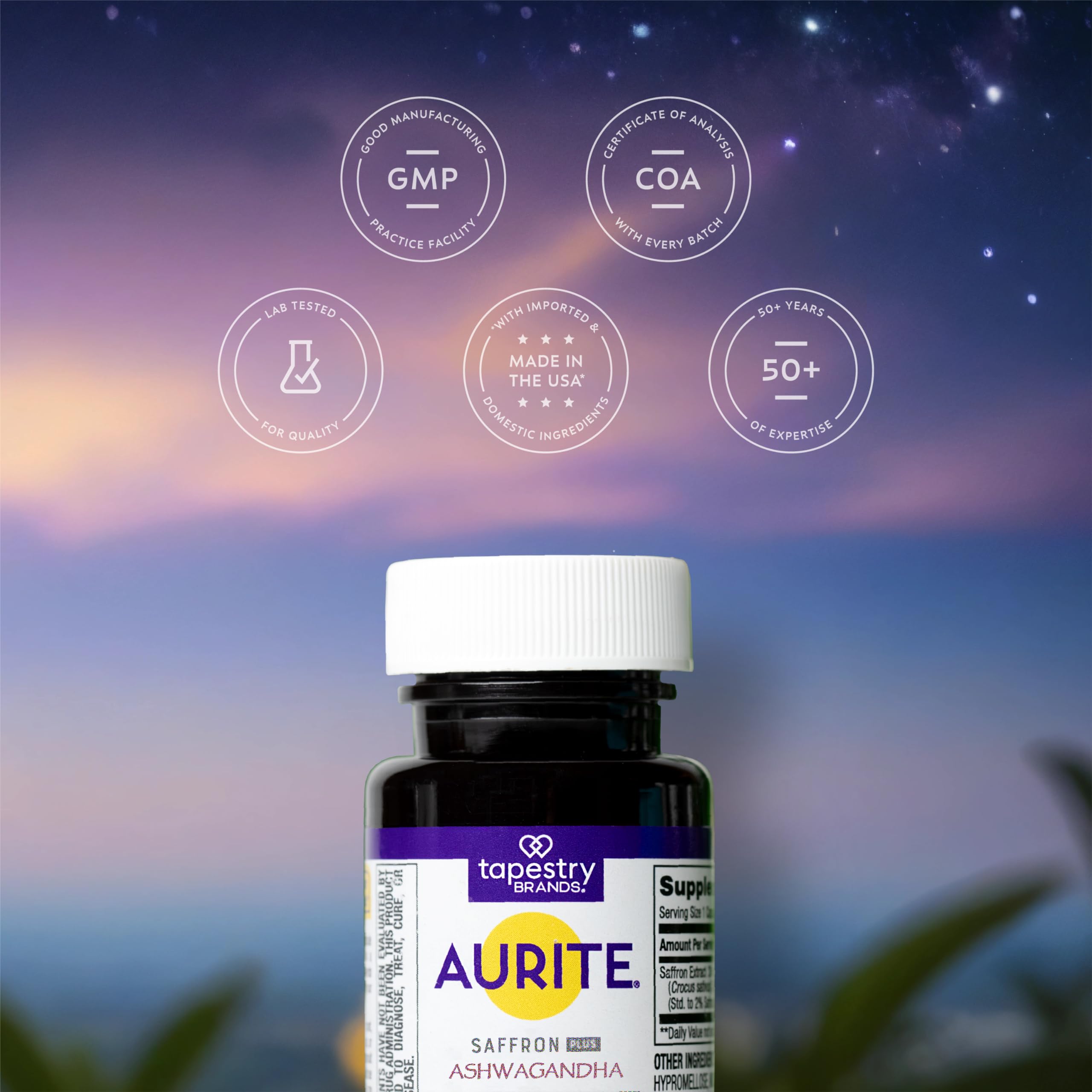 Two Aurite saffron capsules with water, for a simple daily ritual.